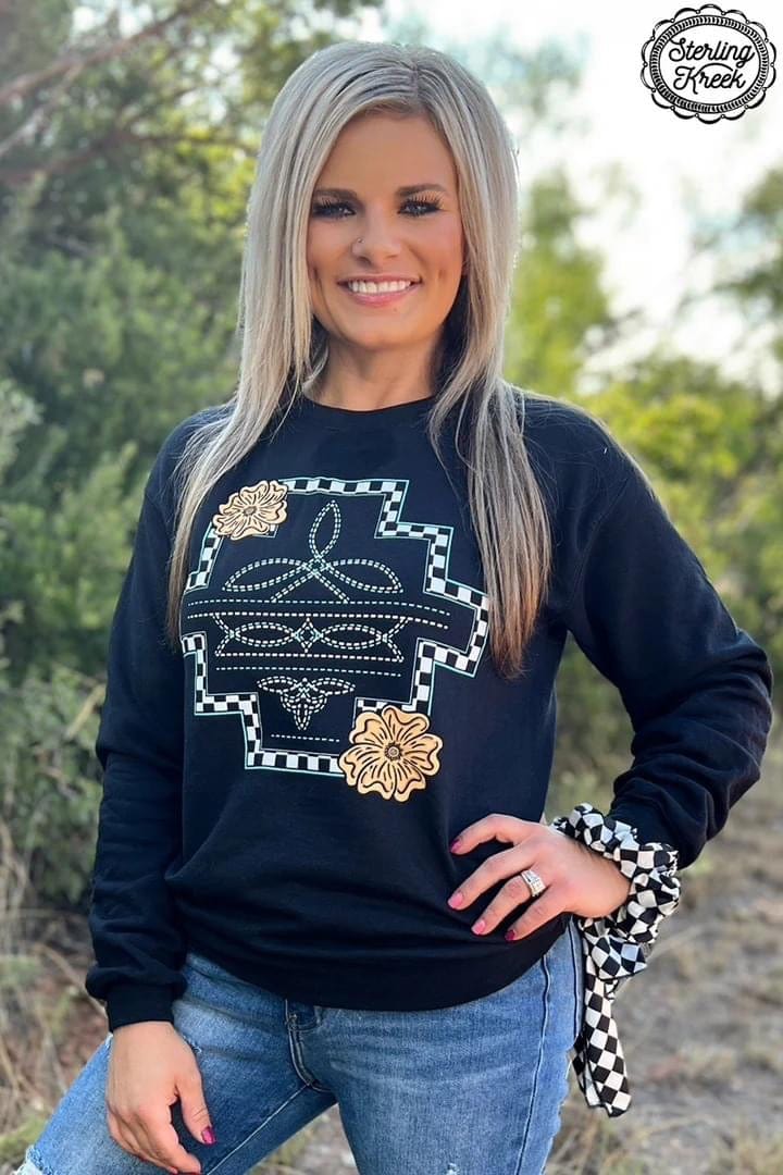 Shop Envi Me Cardigans and Kimonos The Tooled Bootstitch Checkerboard Cowboy Sweatshirt