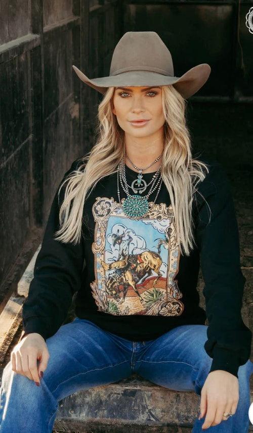 Shop Envi Me Cardigans and Kimonos The Tooled Bucking Cowboy Sweatshirt