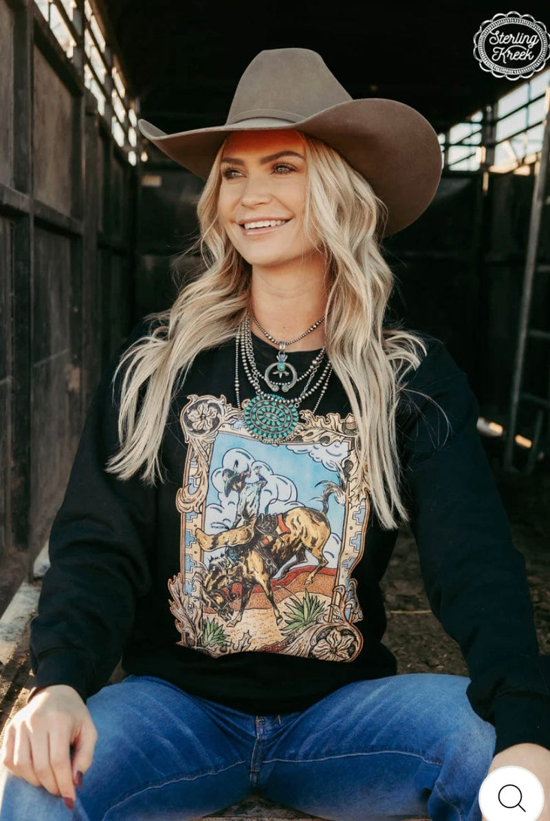 Shop Envi Me Cardigans and Kimonos The Tooled Bucking Cowboy Sweatshirt