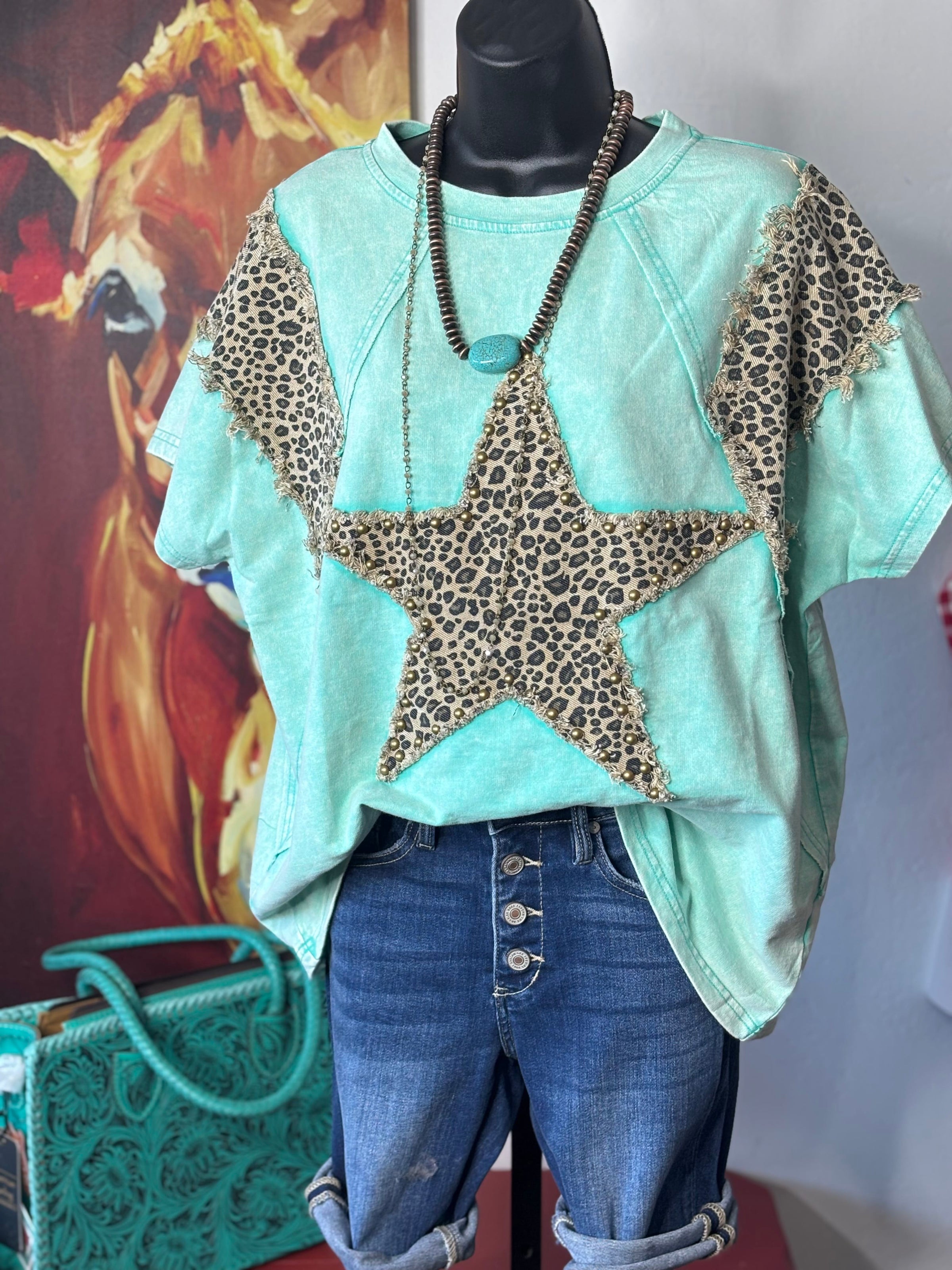 Shop Envi Me It's T-shirt Kinda Day The Turquoise Cheetah Star Studded Top