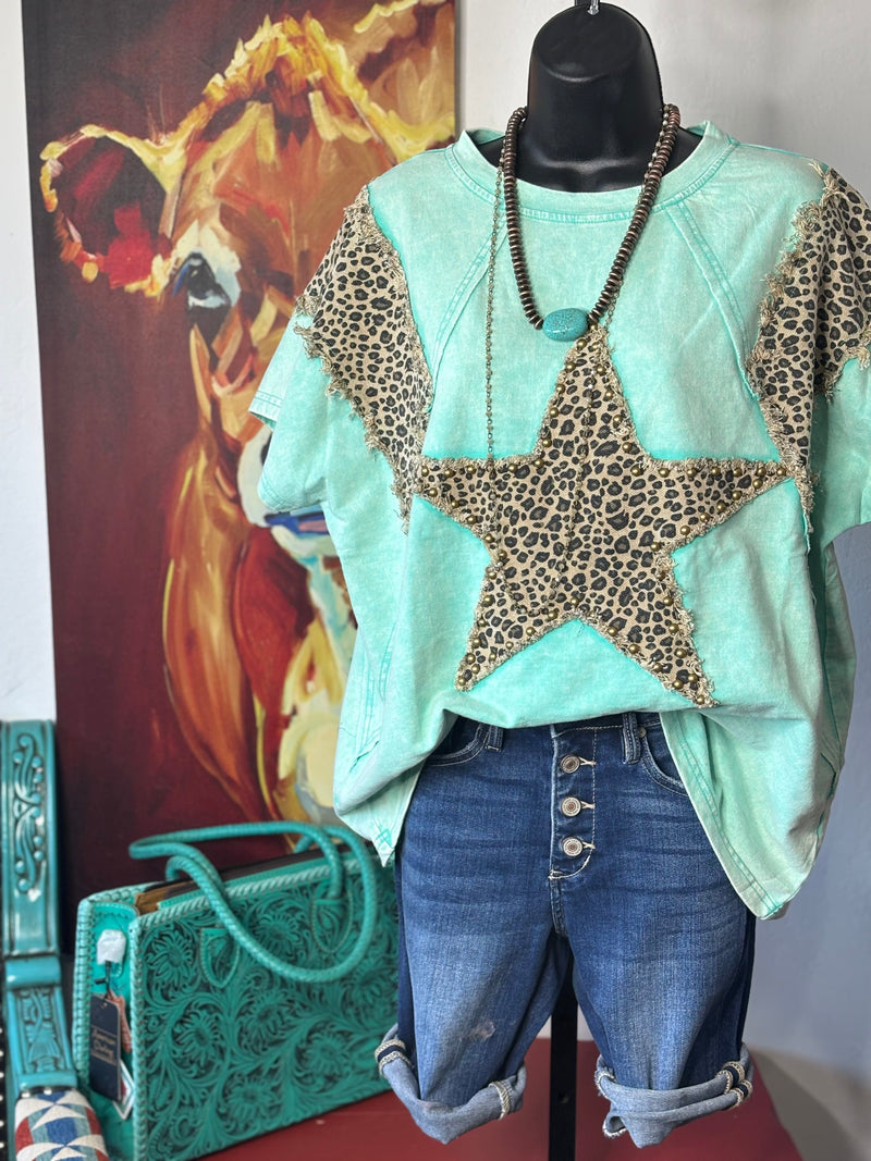 Shop Envi Me It's T-shirt Kinda Day The Turquoise Cheetah Star Studded Top