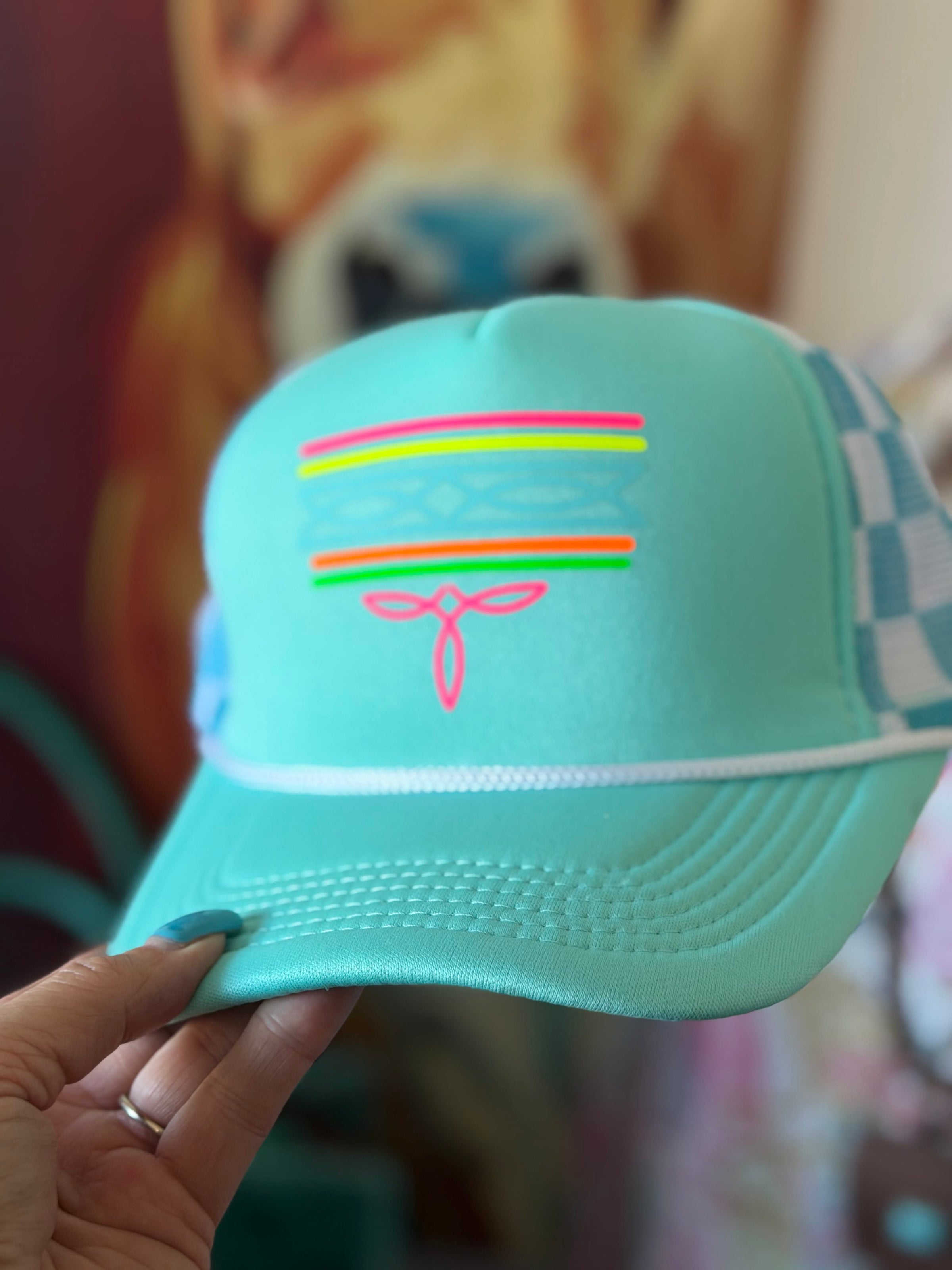 Shop Envi Me Accessories The Turquoise Trinidad Neon Bootstitch & Checkers Cap