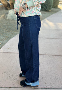 Vervet Bottoms The Vervet Dark Wash Front Seam Straight Leg Tie Waist Jeans