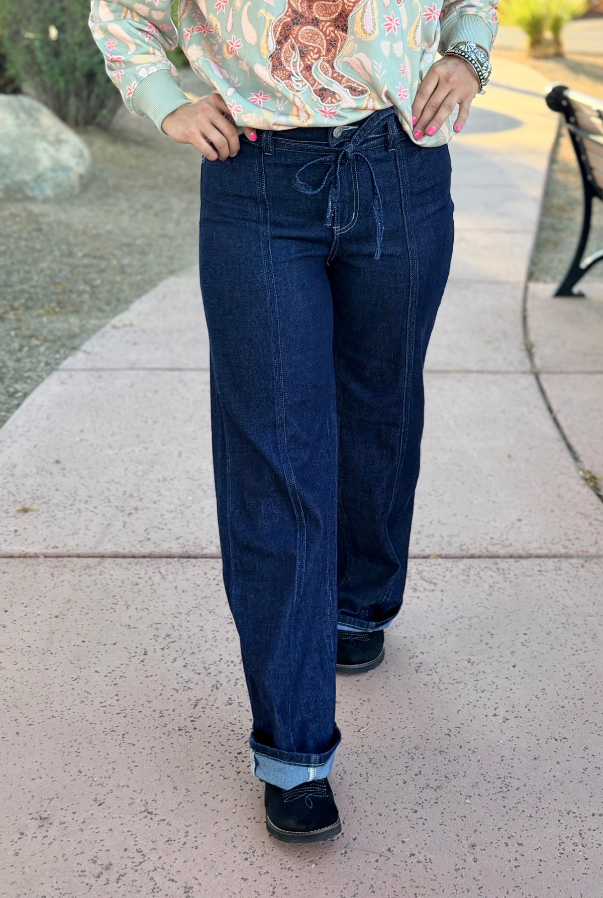 Vervet Bottoms The Vervet Dark Wash Front Seam Straight Leg Tie Waist Jeans