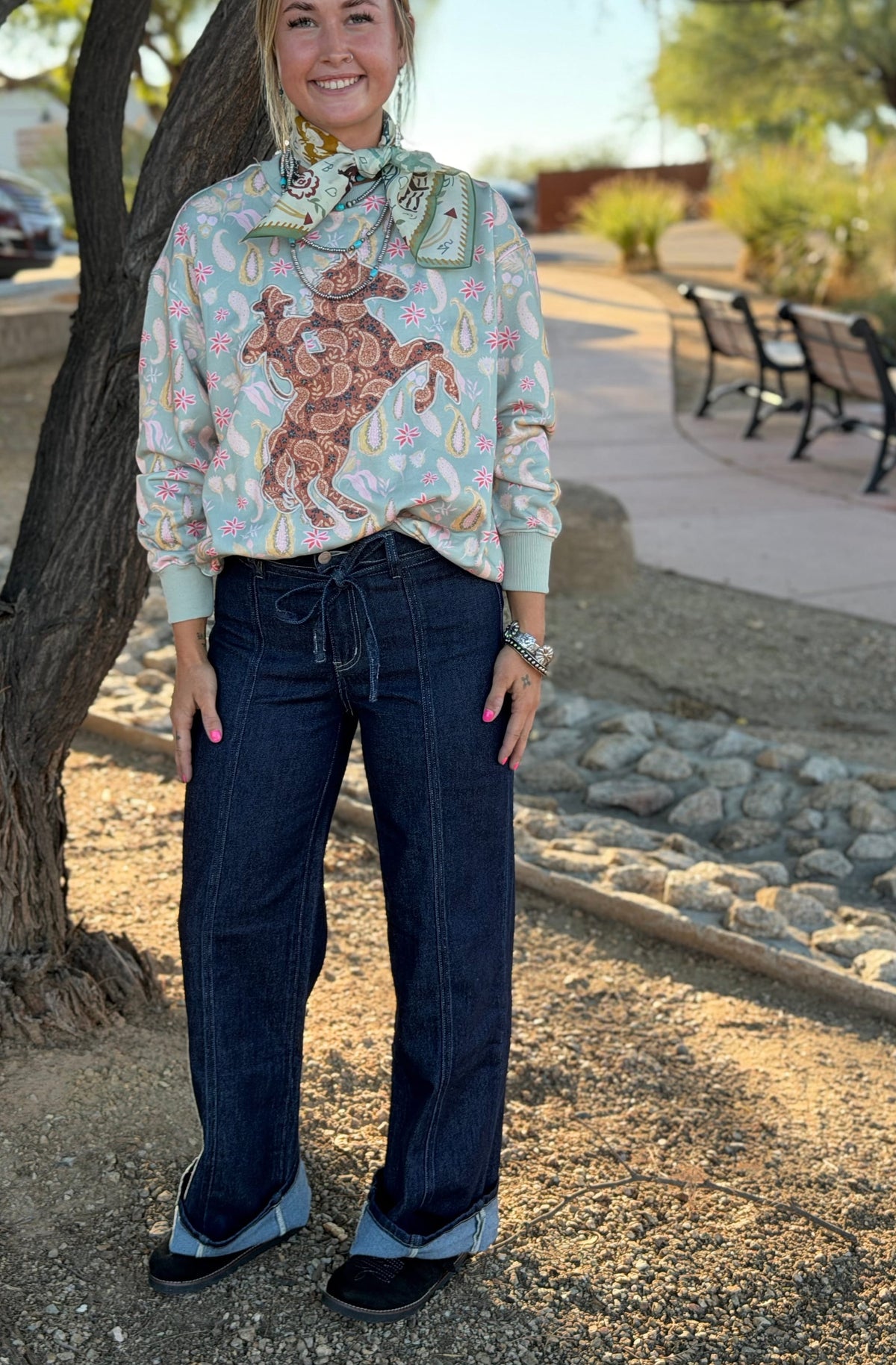 Vervet Bottoms The Vervet Dark Wash Front Seam Straight Leg Tie Waist Jeans