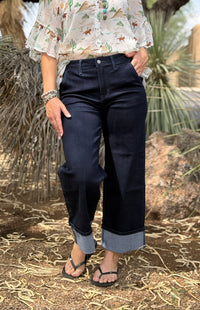 Vervet Bottoms The Vervet Dark Wash Wide Leg Cuffed Ankle Crop Denim