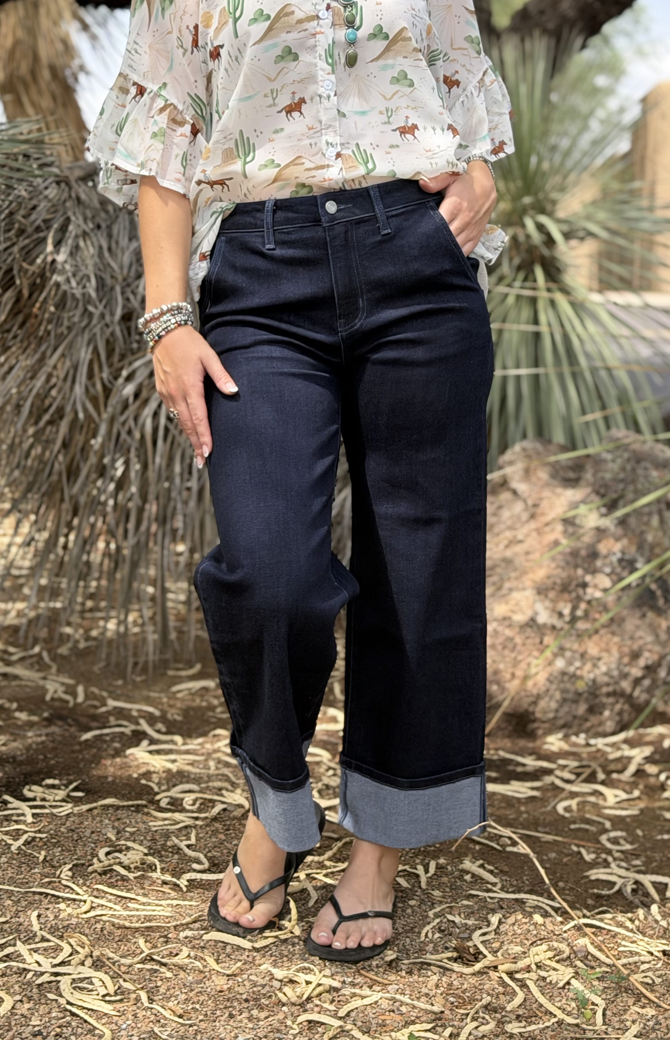 Vervet Bottoms The Vervet Dark Wash Wide Leg Cuffed Ankle Crop Denim