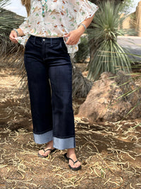 Vervet Bottoms The Vervet Dark Wash Wide Leg Cuffed Ankle Crop Denim