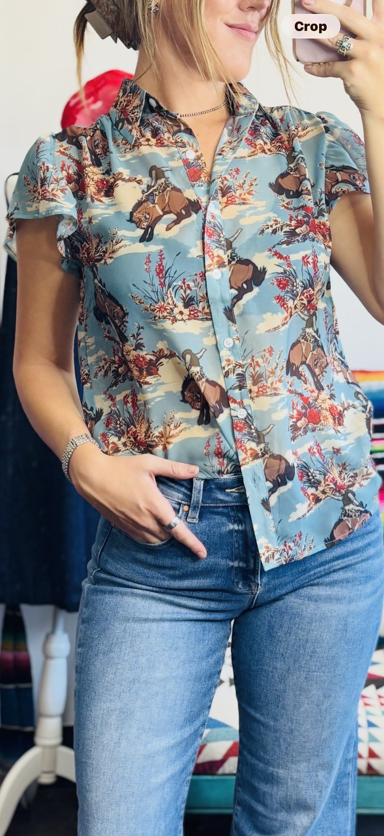 Shop Envi Me Tops and Tunics The Vintage Western 🤠 Cowboy Flutter Sleeve Top