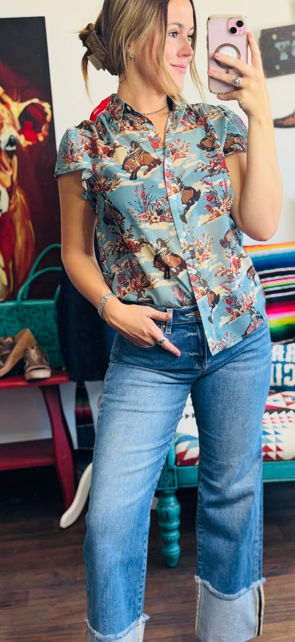 Shop Envi Me Tops and Tunics The Vintage Western 🤠 Cowboy Flutter Sleeve Top