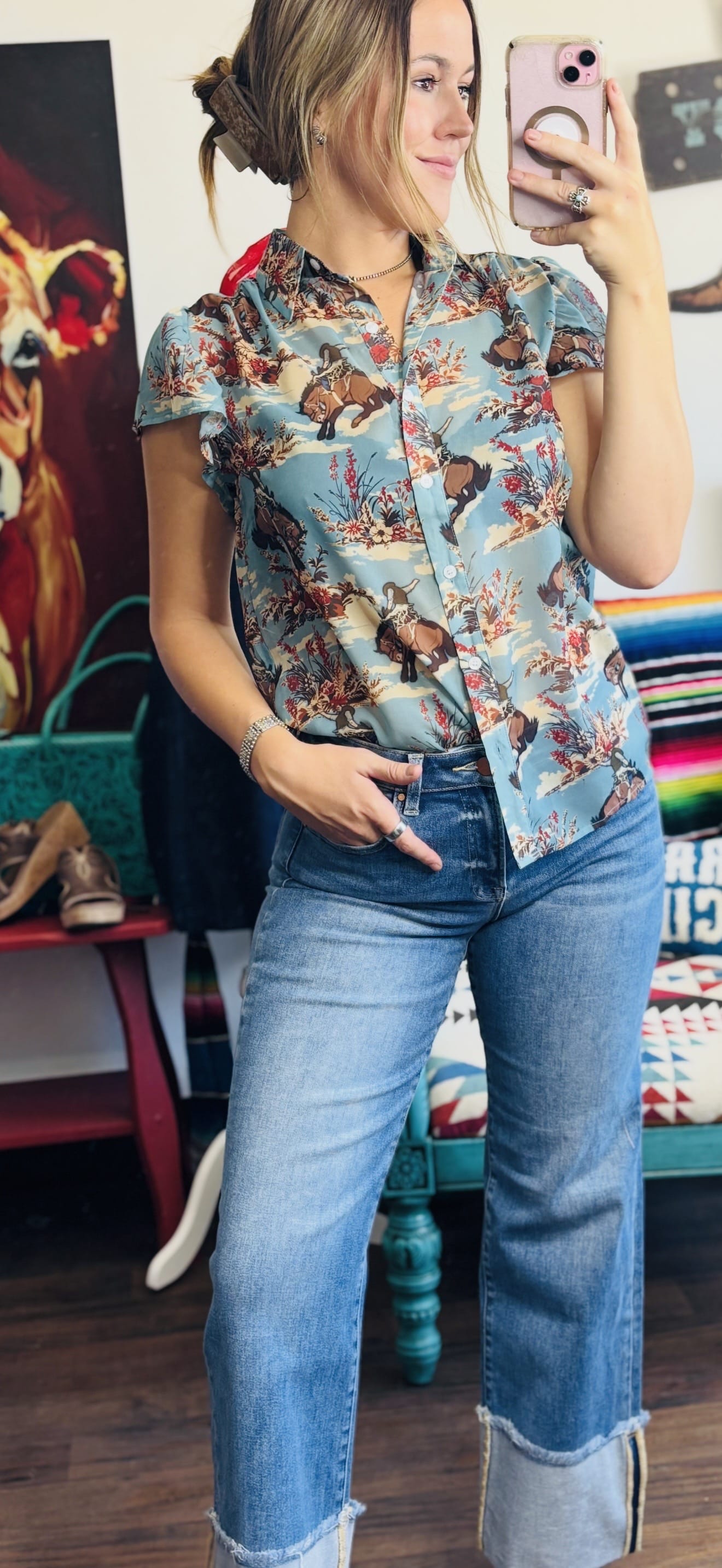 Shop Envi Me Tops and Tunics The Vintage Western 🤠 Cowboy Flutter Sleeve Top