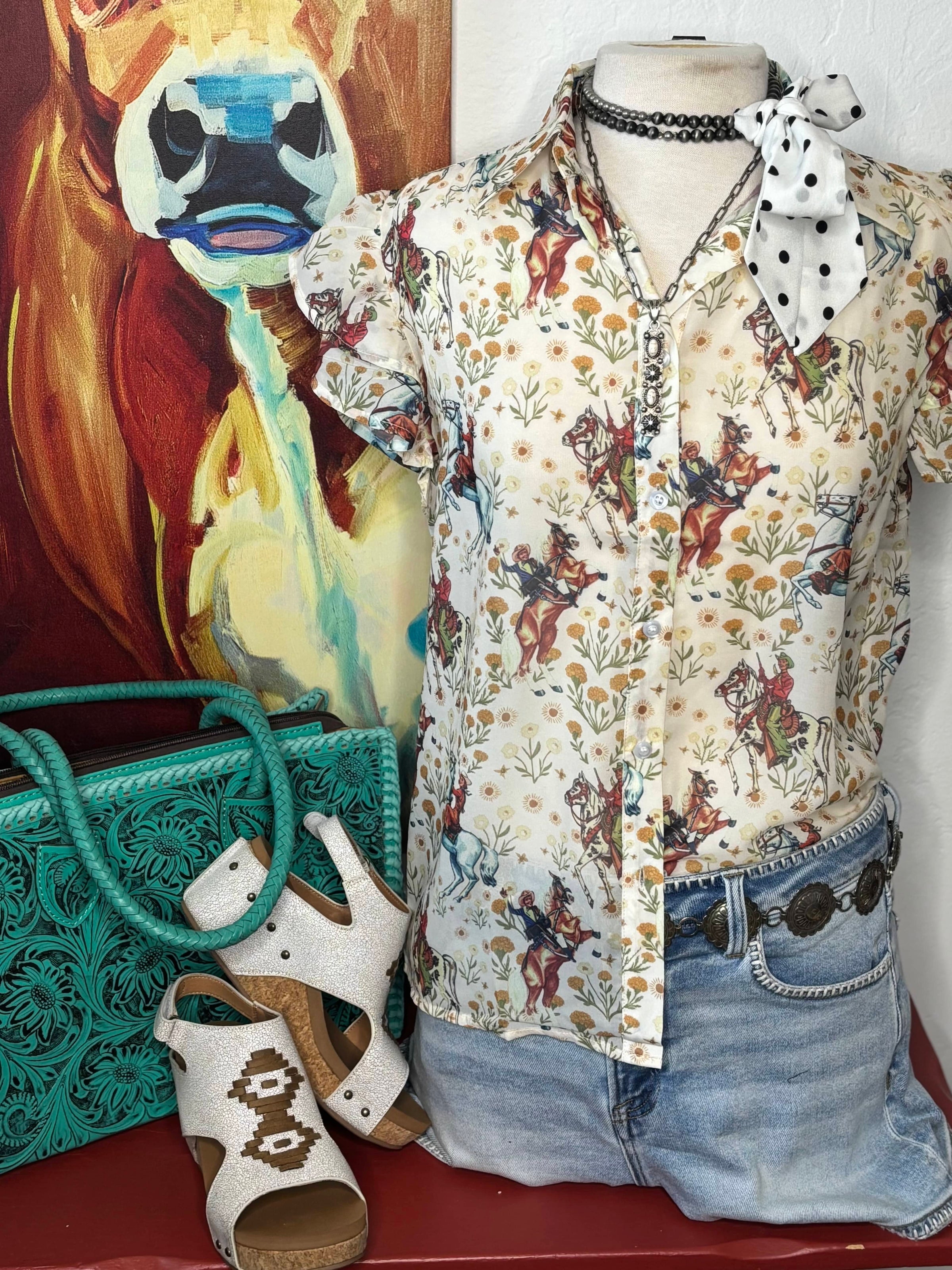 Shop Envi Me Tops and Tunics The Vintage Western Cowboys Floral  Flutter Sleeve Top