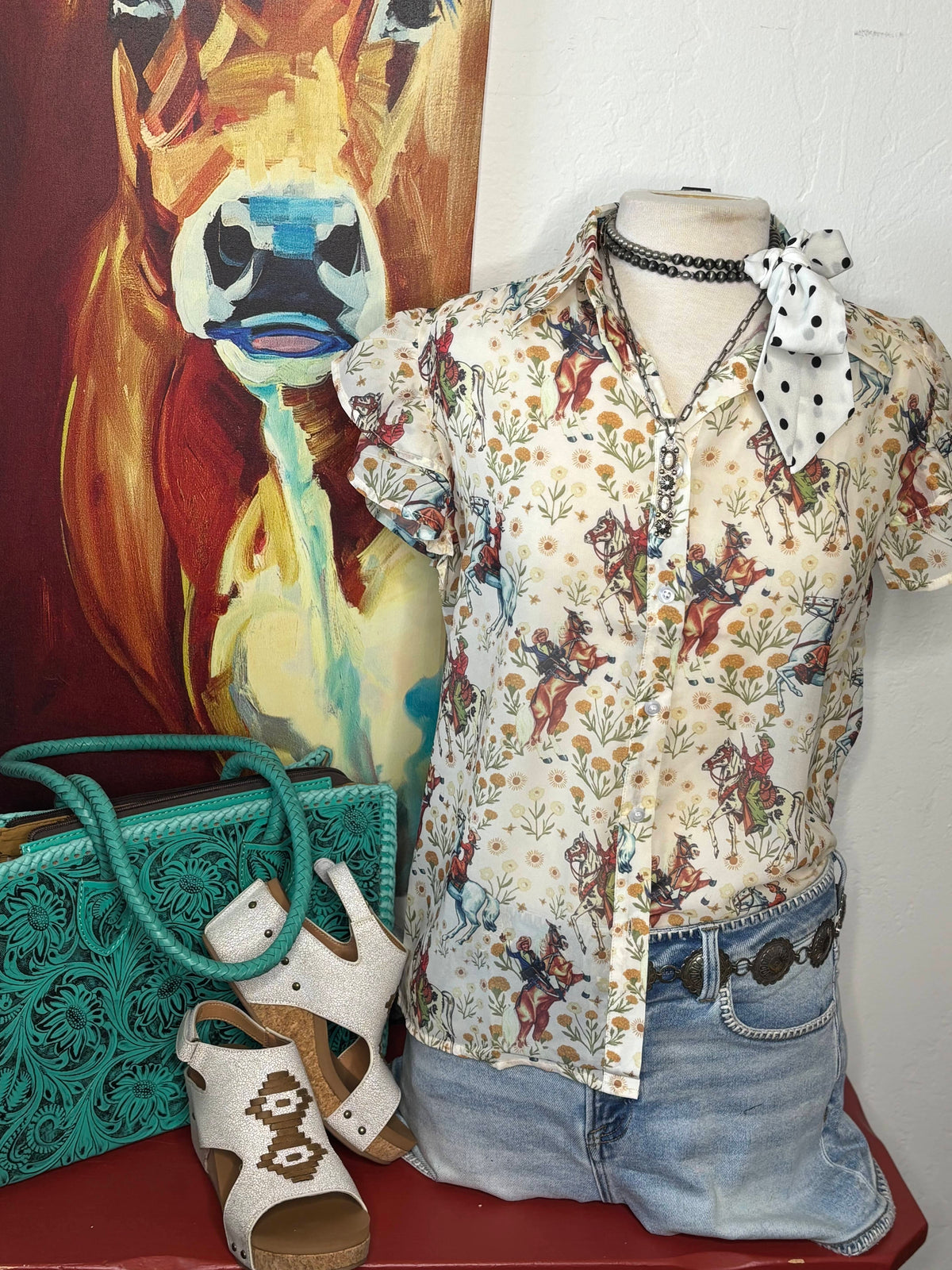 Shop Envi Me Tops and Tunics The Vintage Western Cowboys Floral  Flutter Sleeve Top