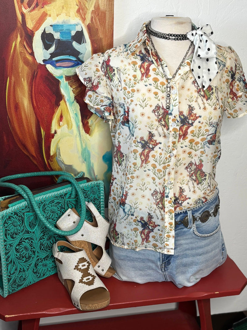 Shop Envi Me Tops and Tunics The Vintage Western Cowboys Floral  Flutter Sleeve Top