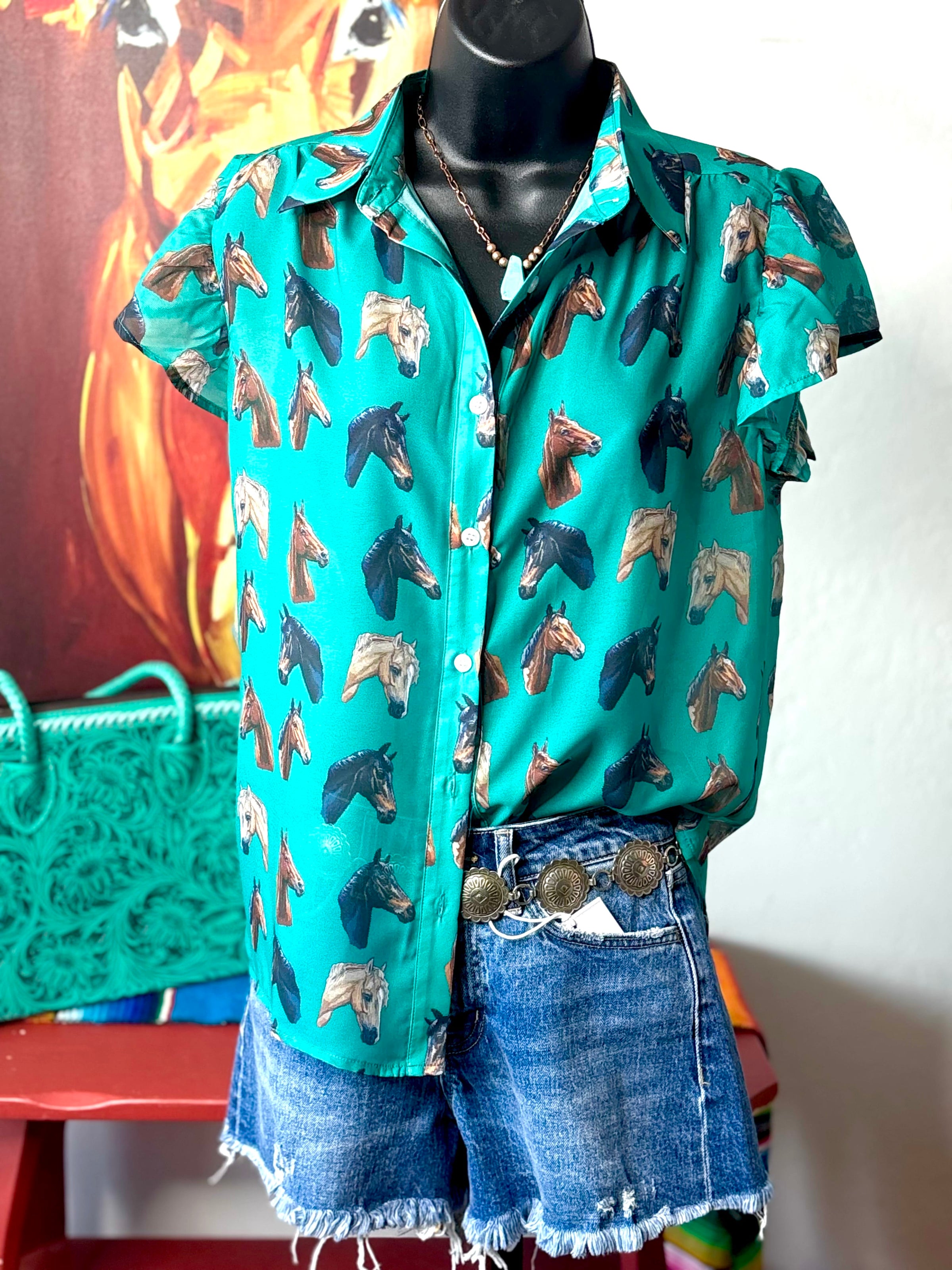 Shop Envi Me Tops and Tunics The Vintage Western Horse Flutter Sleeve Top