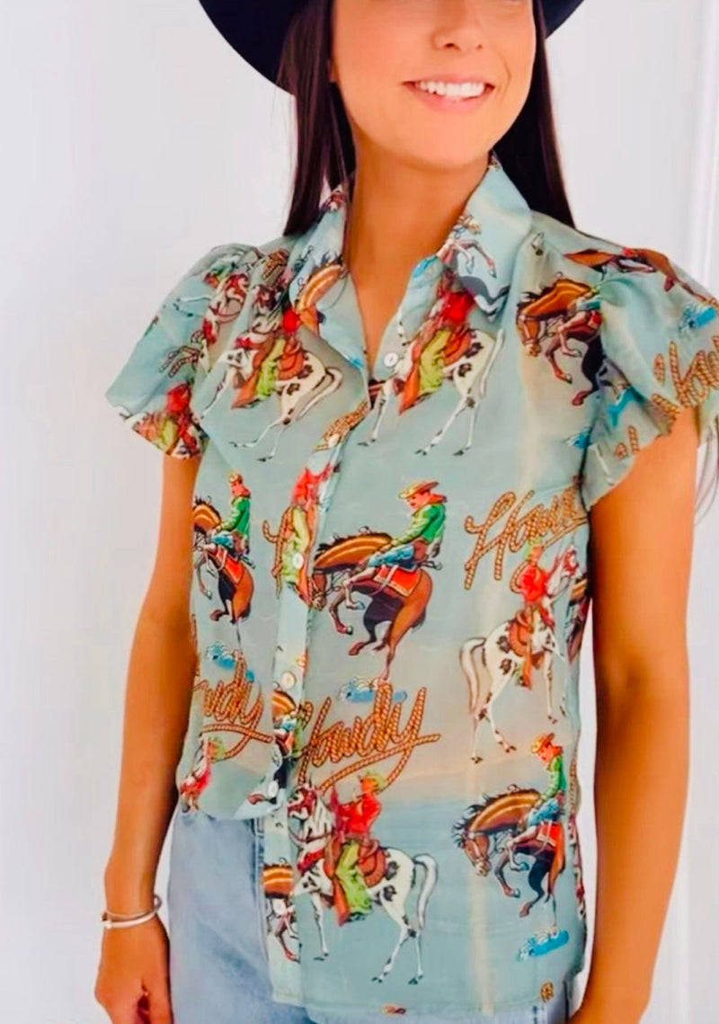 The Vintage Western 🤠 Howdy Cowboy Flutter Sleeve Top – Shop Envi Me