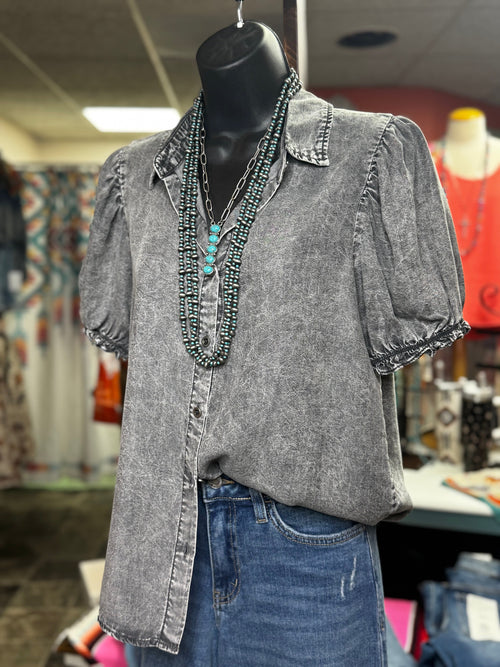 Shop Envi Me Tops and Tunics The Washed Black Pretty Puff Sleeve Denim Top