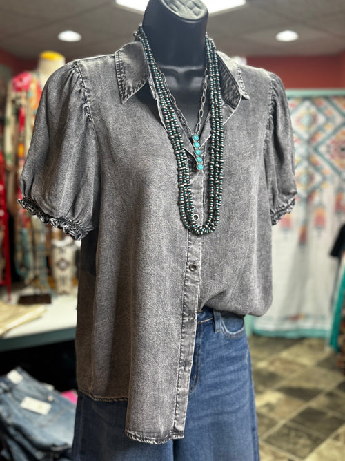 Shop Envi Me Tops and Tunics The Washed Black Pretty Puff Sleeve Denim Top