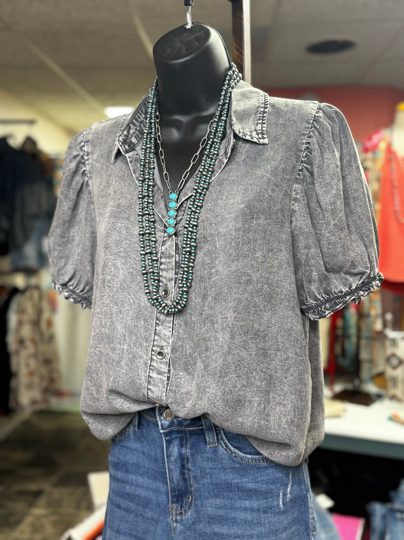 Shop Envi Me Tops and Tunics The Washed Black Pretty Puff Sleeve Denim Top