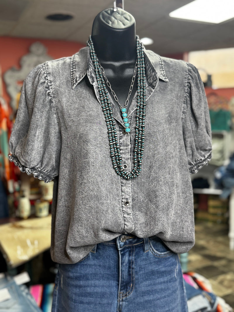 Shop Envi Me Tops and Tunics The Washed Black Pretty Puff Sleeve Denim Top