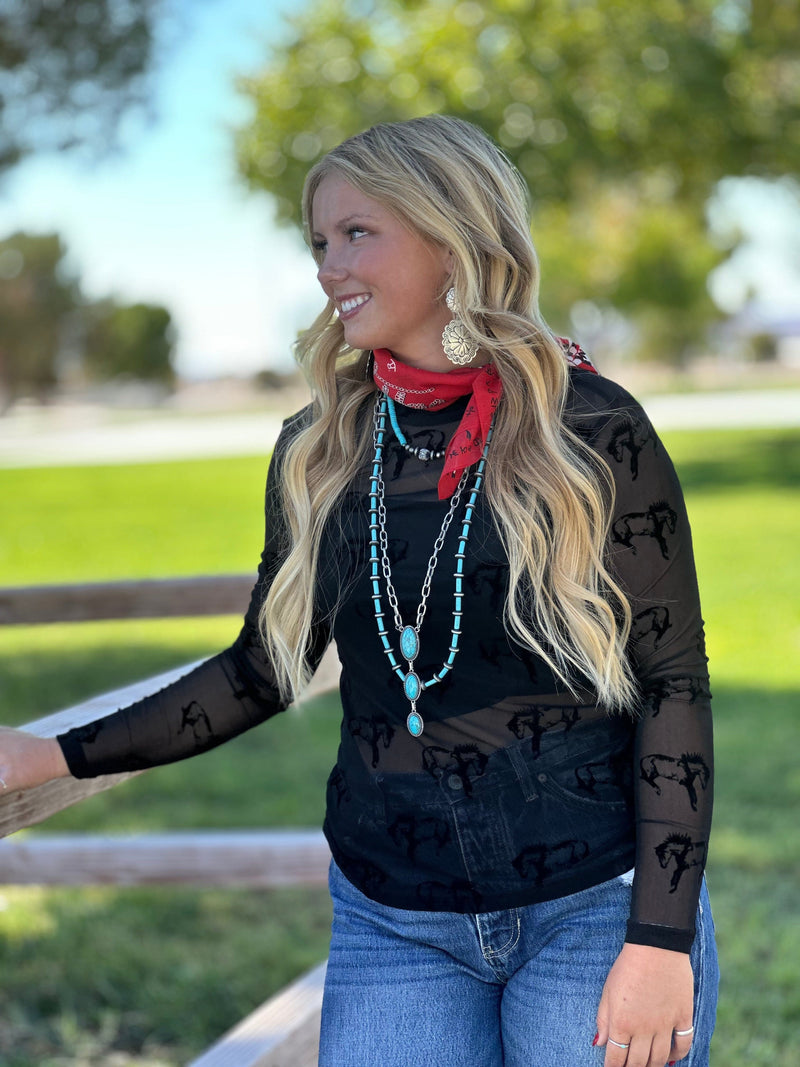 Shop Envi Me Tops and Tunics The West Of Vegas Nights Velvet Bucking Horse Mesh Top