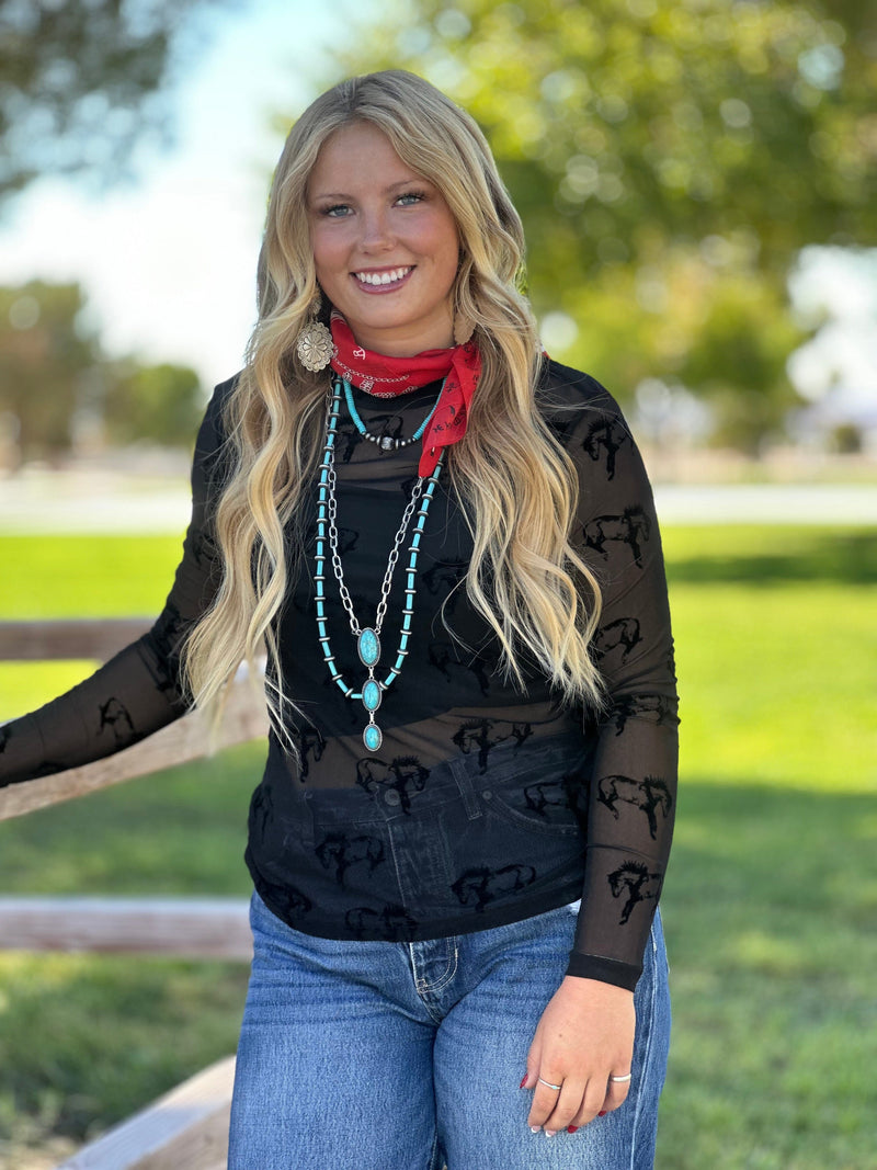 Shop Envi Me Tops and Tunics The West Of Vegas Nights Velvet Bucking Horse Mesh Top