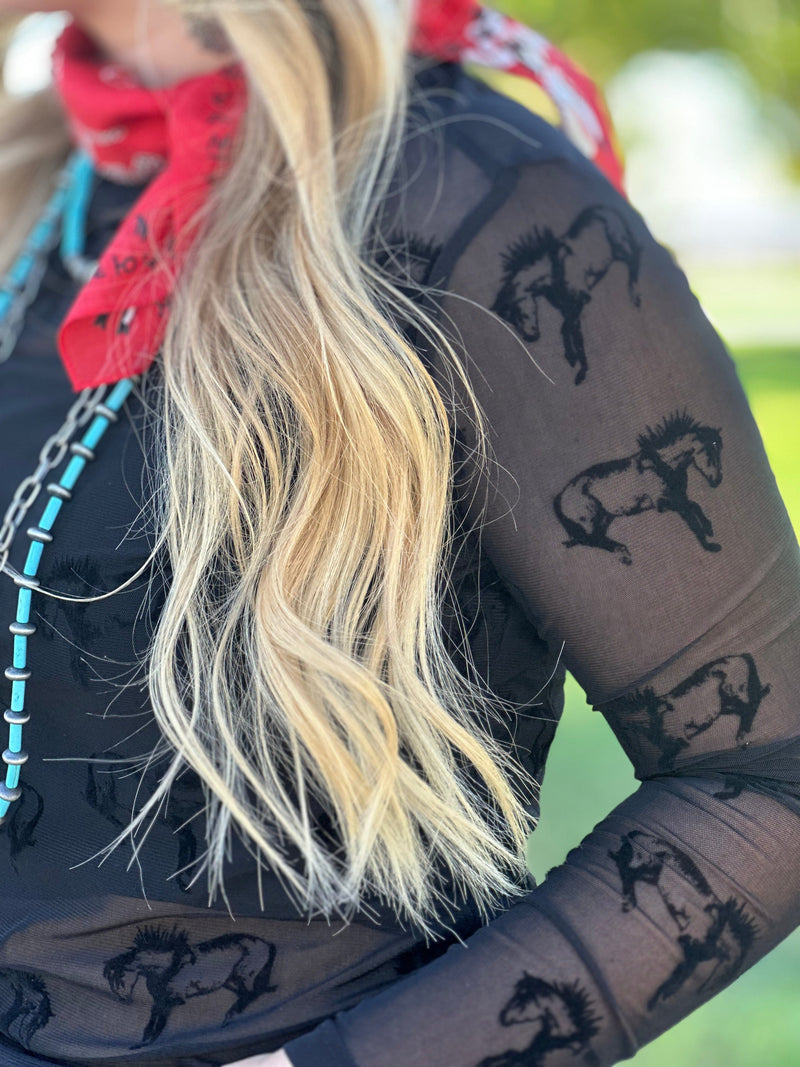 Shop Envi Me Tops and Tunics The West Of Vegas Nights Velvet Bucking Horse Mesh Top