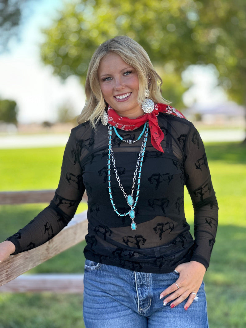 Shop Envi Me Tops and Tunics The West Of Vegas Nights Velvet Bucking Horse Mesh Top