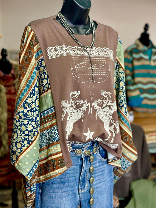 Shop Envi Me It's T-shirt Kinda Day The Western Bootstitch Mix Floral Flutter Sleeve Poncho Top