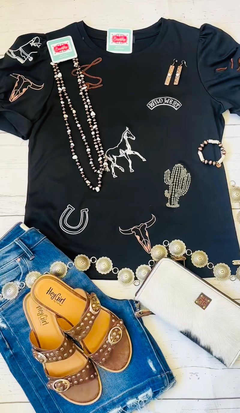 Shop Envi Me Tops and Tunics The Western In The Desert Embroidered Puff Sleeve Top
