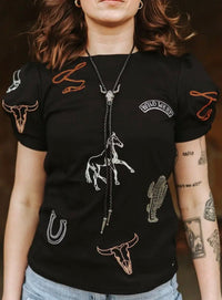 Shop Envi Me Tops and Tunics The Western In The Desert Embroidered Puff Sleeve Top