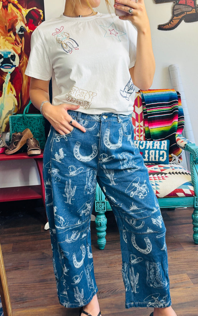 Risen Bottoms The Western Print Barrel Jean