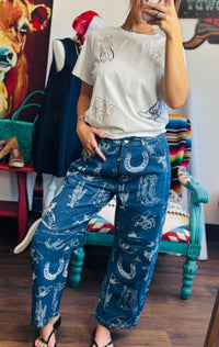 Risen Bottoms The Western Print Barrel Jean