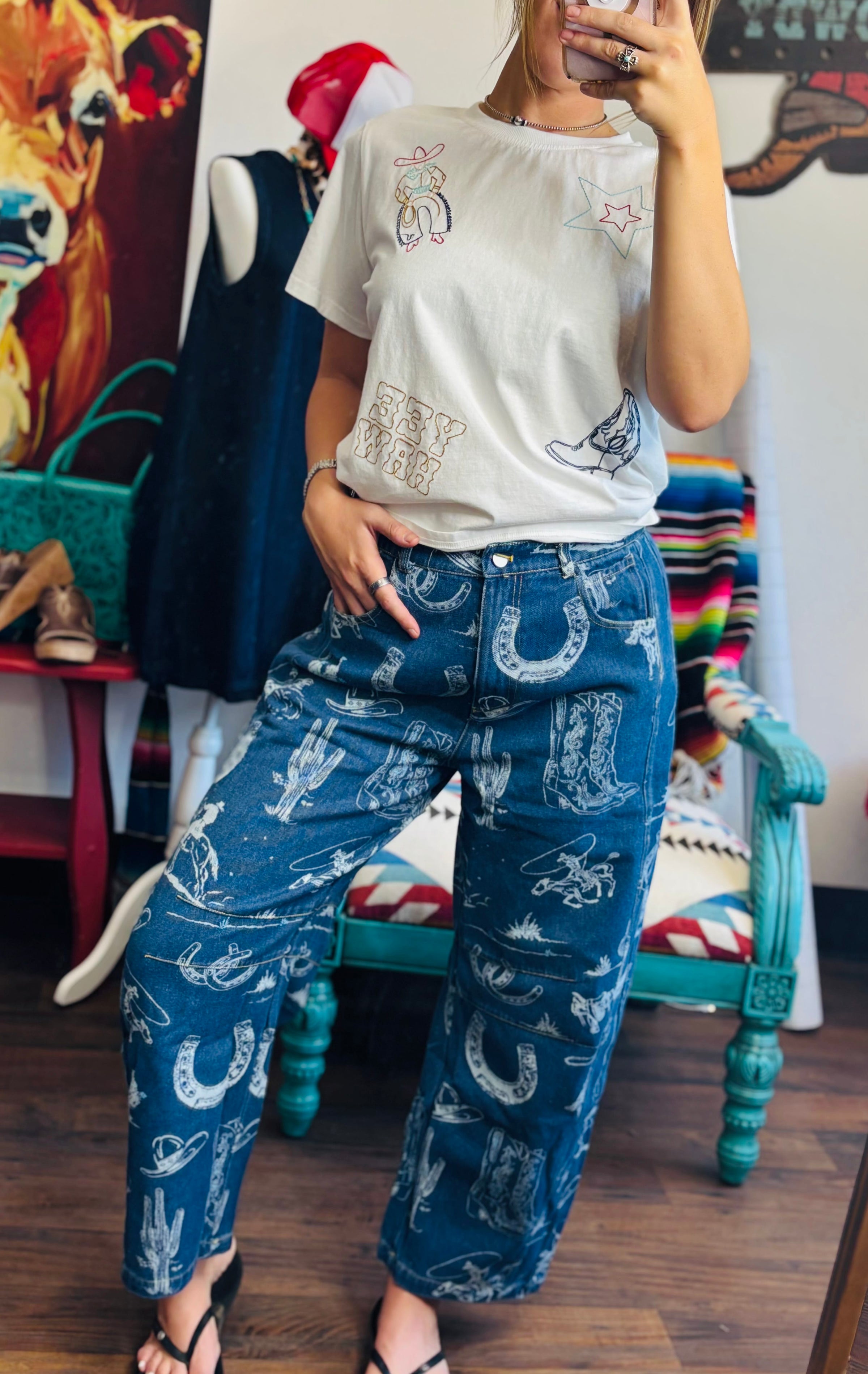 Risen Bottoms The Western Print Barrel Jean