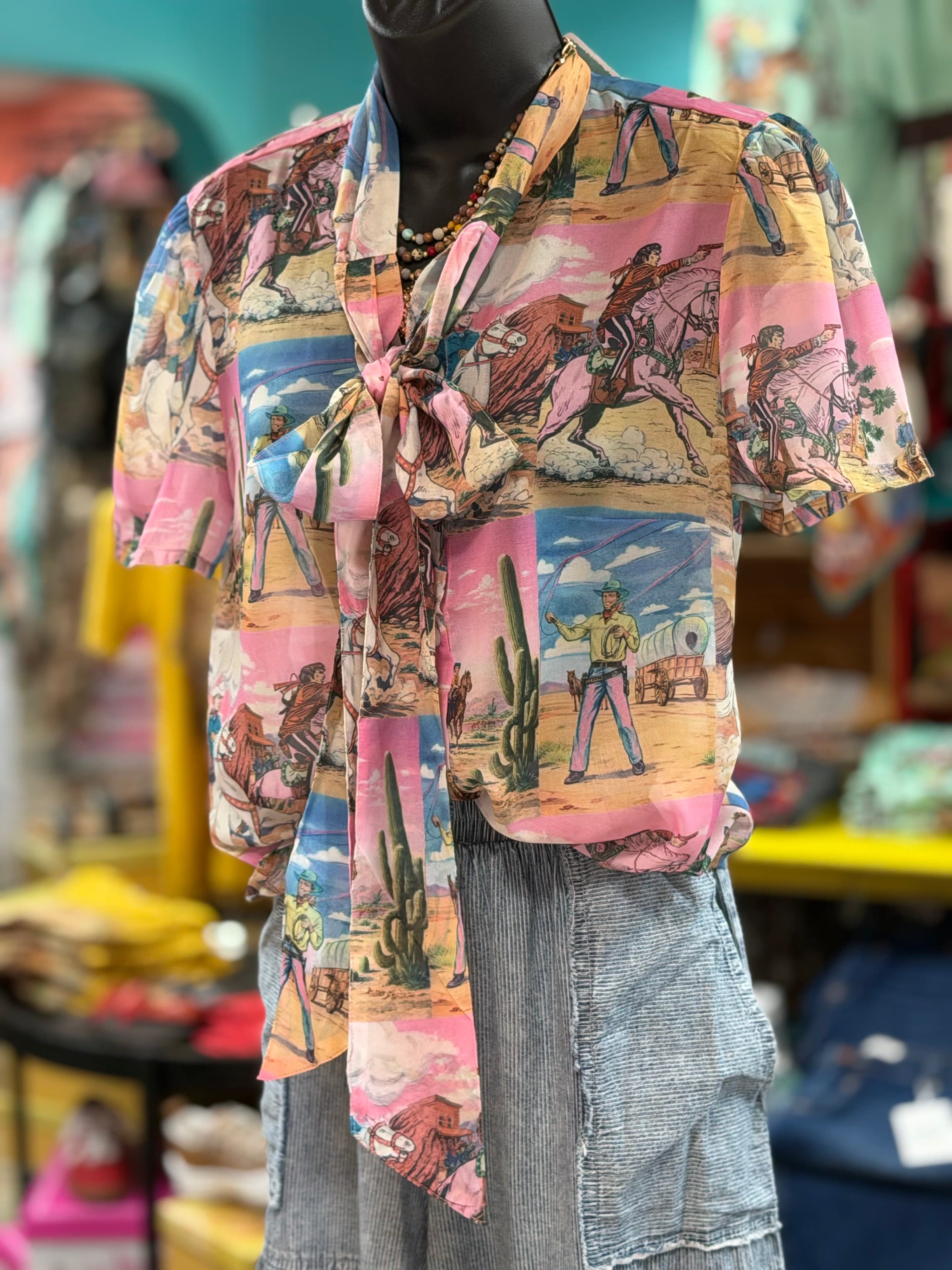 Shop Envi Me Tops and Tunics The Western Storybook Cowboy’n In The Desert Flutter Sleeve Top