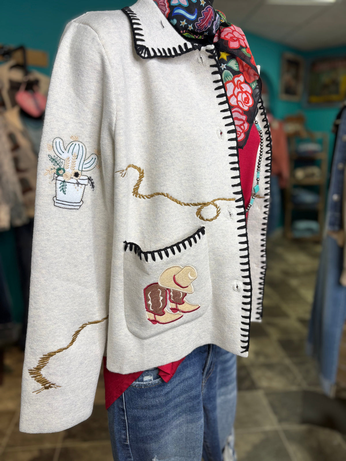 Shop Envi Me Tops and Tunics The Western Ways Embroidered Whipstitch Cardigan Sweater