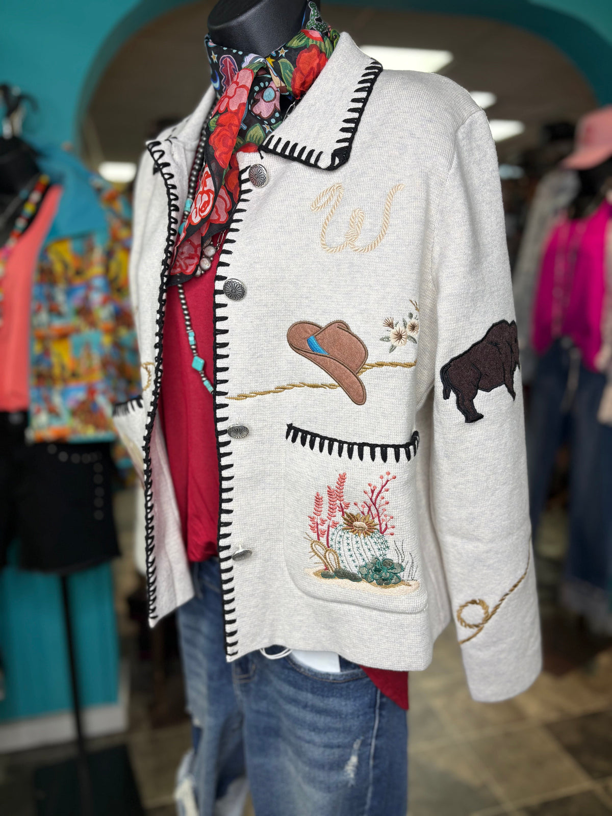 Shop Envi Me Tops and Tunics The Western Ways Embroidered Whipstitch Cardigan Sweater