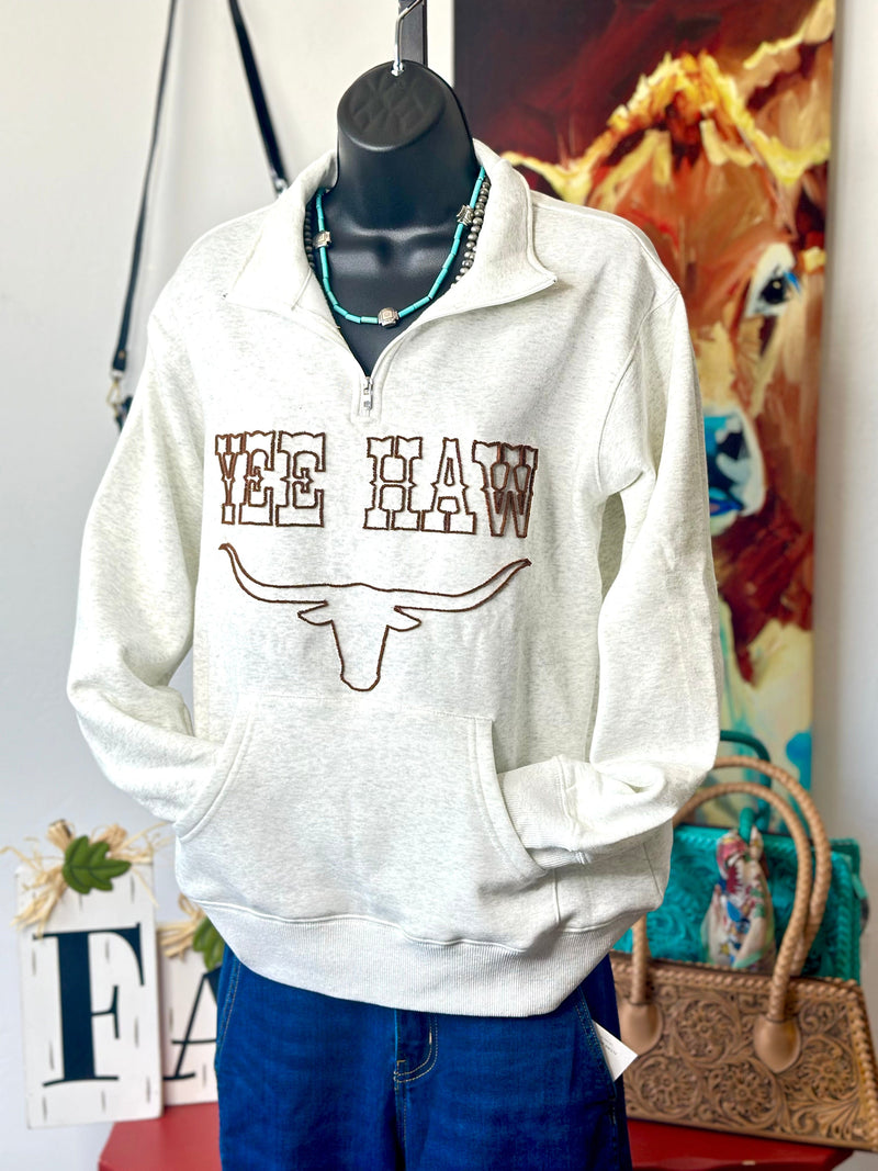 Shop Envi Me Tops and Tunics The YeeHaw Embroidered Quarter Zip Rodeo Days Sweater