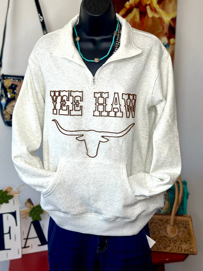 Shop Envi Me Tops and Tunics The YeeHaw Embroidered Quarter Zip Rodeo Days Sweater