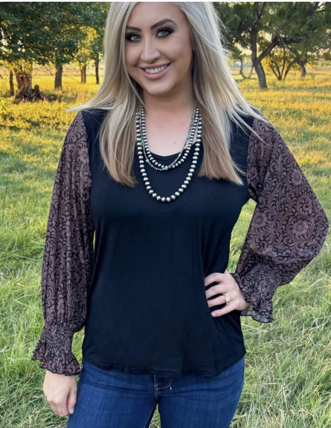 Shop Envi Me Tops and Tunics Tooled In Autumn Mesh Sleeve V Neck Top