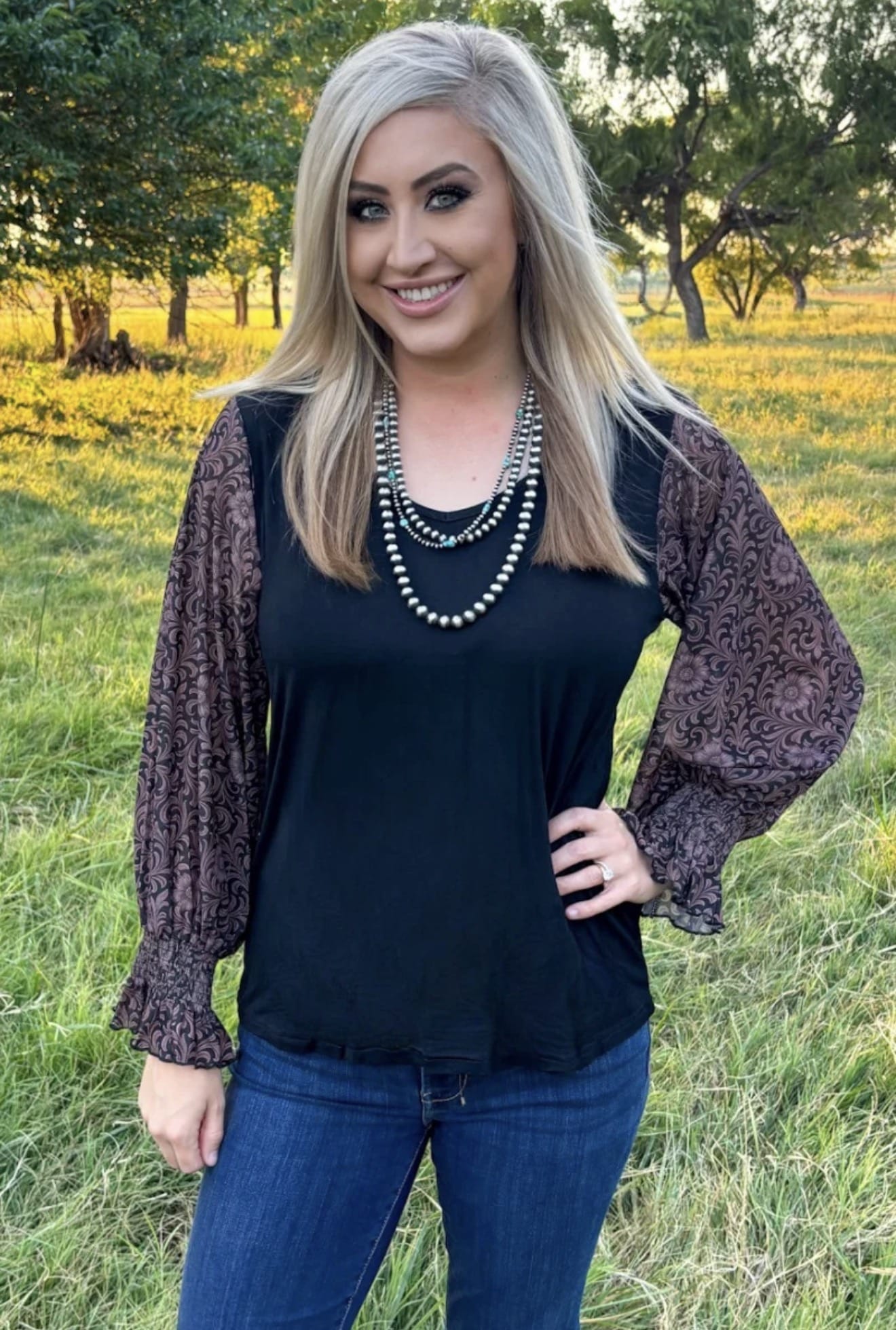 Shop Envi Me Tops and Tunics Tooled In Autumn Mesh Sleeve V Neck Top