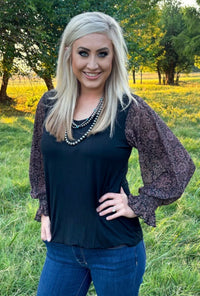 Shop Envi Me Tops and Tunics Tooled In Autumn Mesh Sleeve V Neck Top