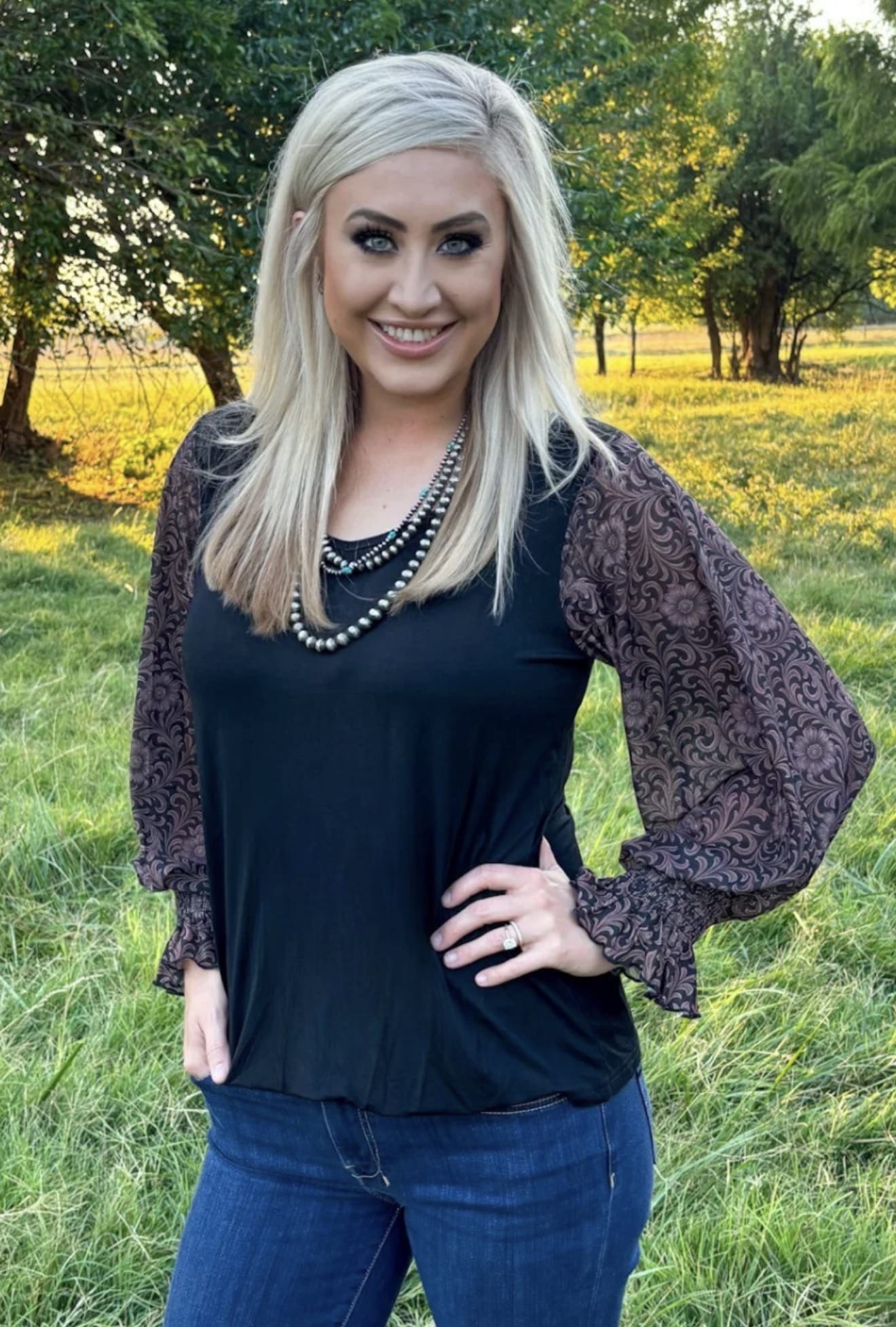 Shop Envi Me Tops and Tunics Tooled In Autumn Mesh Sleeve V Neck Top