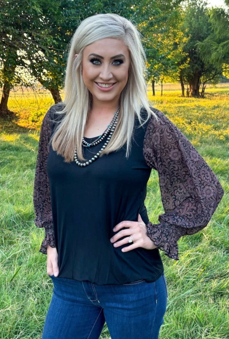 Shop Envi Me Tops and Tunics Tooled In Autumn Mesh Sleeve V Neck Top