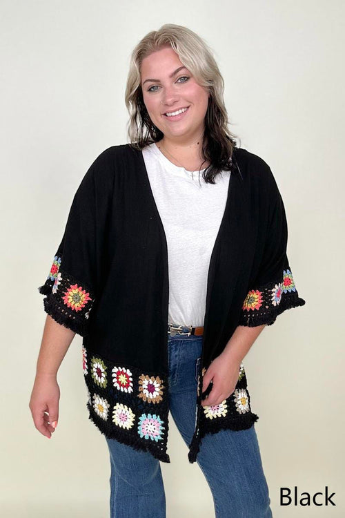 Kiwidrop Kimonos Umgee Linen Blend Patch Crochet Kimono