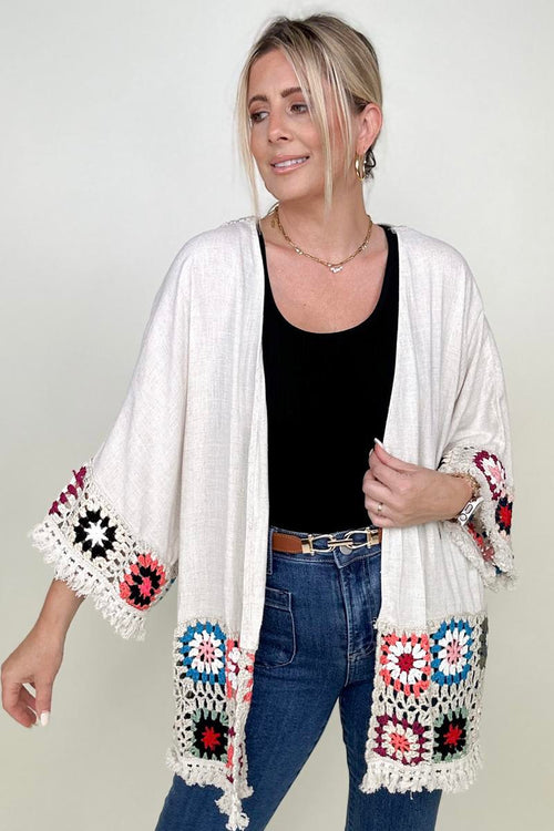 Kiwidrop Kimonos Oatmeal / S Umgee Linen Blend Patch Crochet Kimono