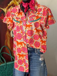 Shop Envi Me Tops and Tunics Wildflower Run Floral & Horses Retro Snap Shirt