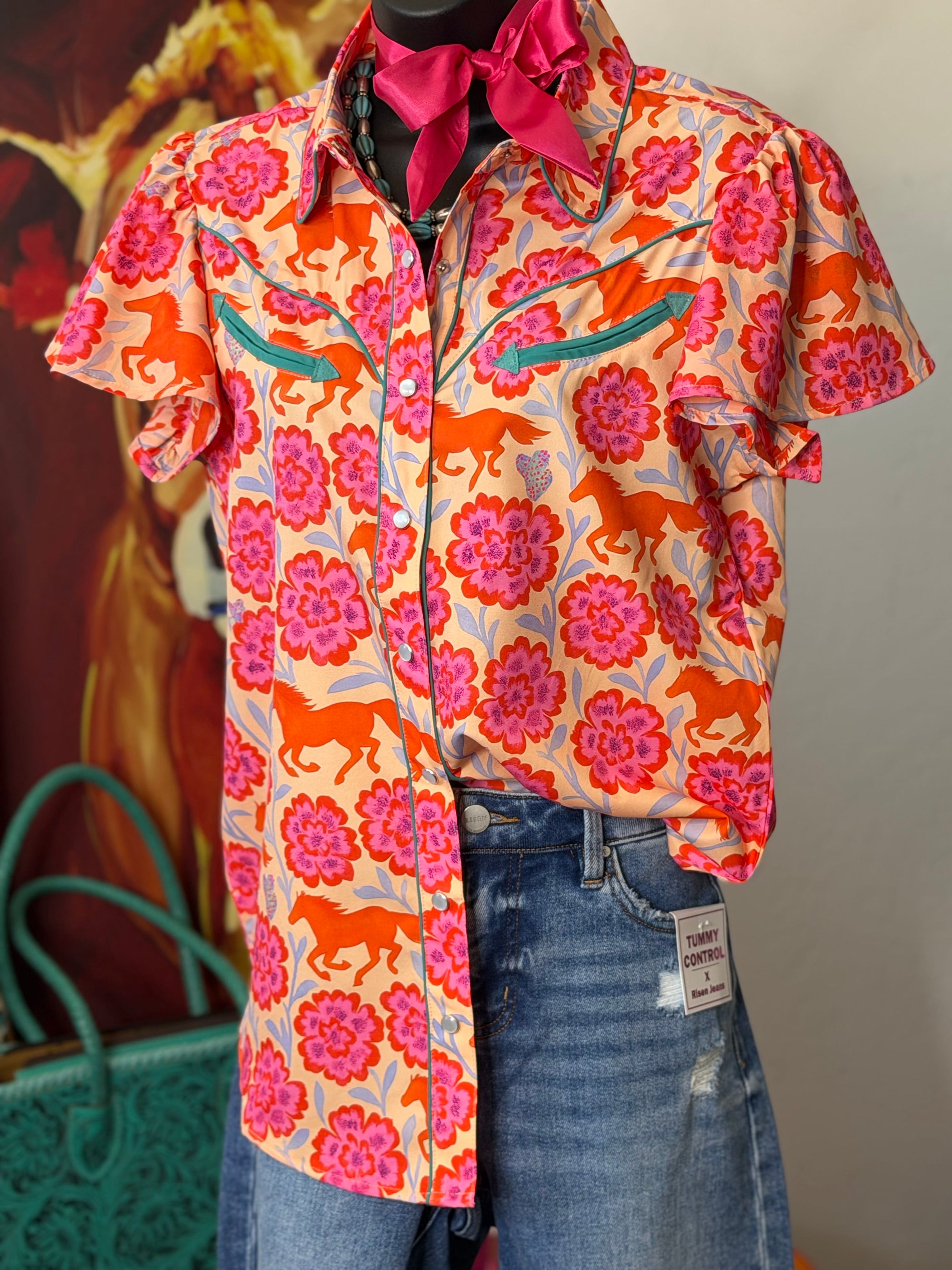 Shop Envi Me Tops and Tunics Wildflower Run Floral & Horses Retro Snap Shirt