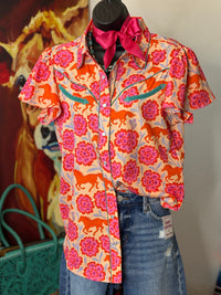 Shop Envi Me Tops and Tunics Wildflower Run Floral & Horses Retro Snap Shirt