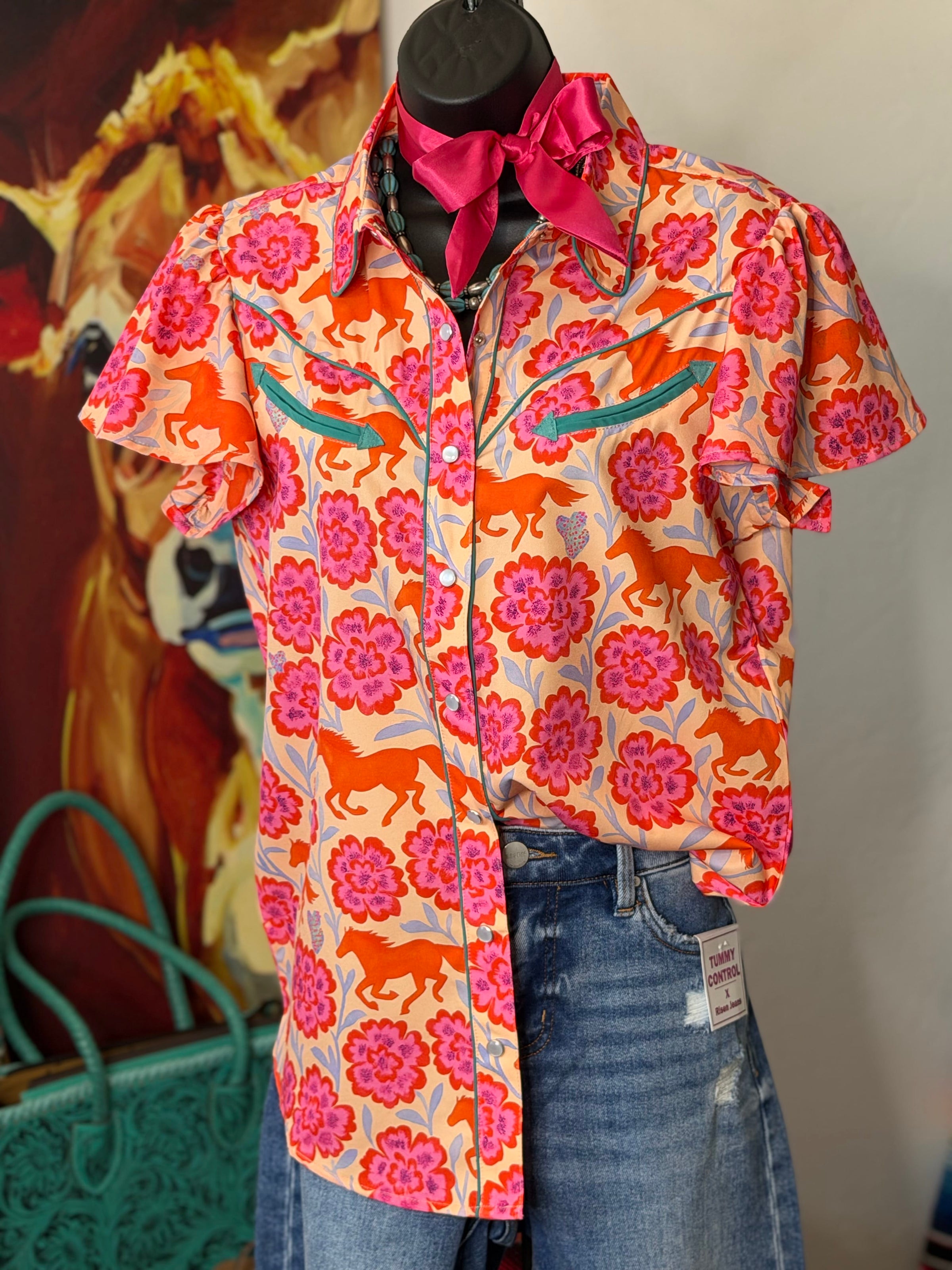 Shop Envi Me Tops and Tunics Wildflower Run Floral & Horses Retro Snap Shirt